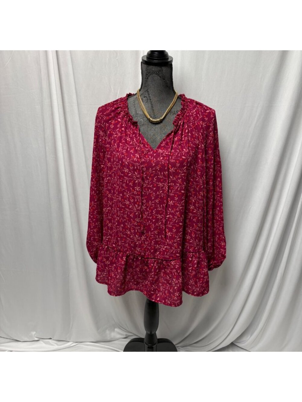 Old Navy Peasant Blouse Womens Size XL Boho Berry Floral Ruffle Neck Long Sleeve